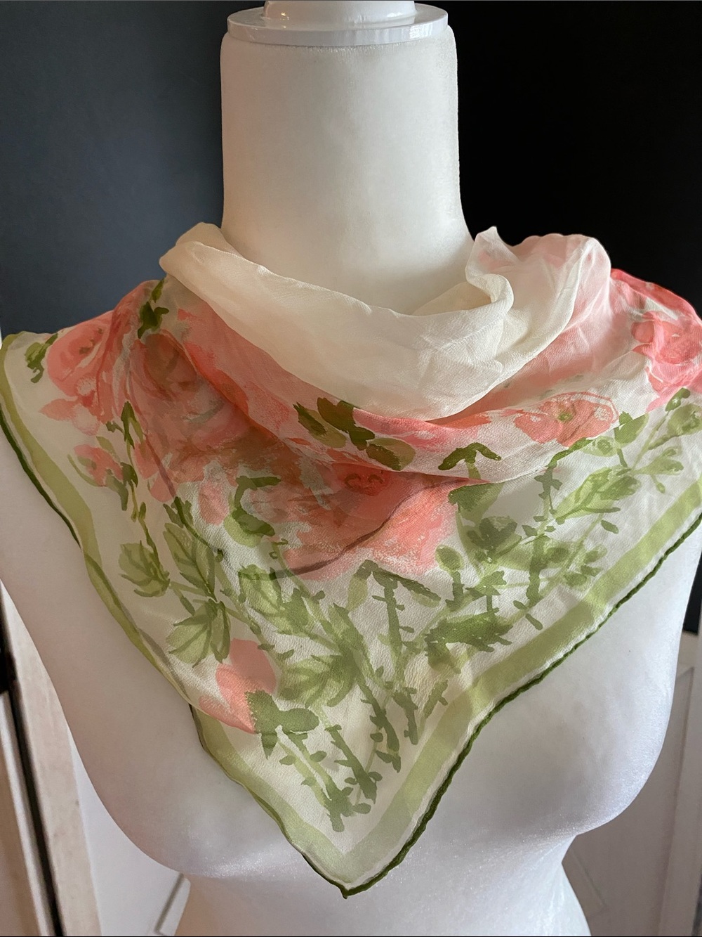 Vintage ladybug logo, Vera Neumann Pink and Green sheer scarf